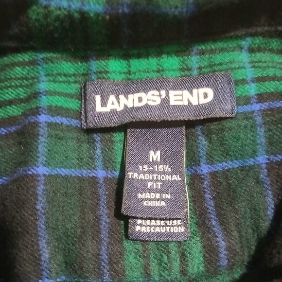 Lands' End Med Green/Blue Plaid Long-Sleeved Flannel 100% Cotton Easy Care - Picture 2 of 12
